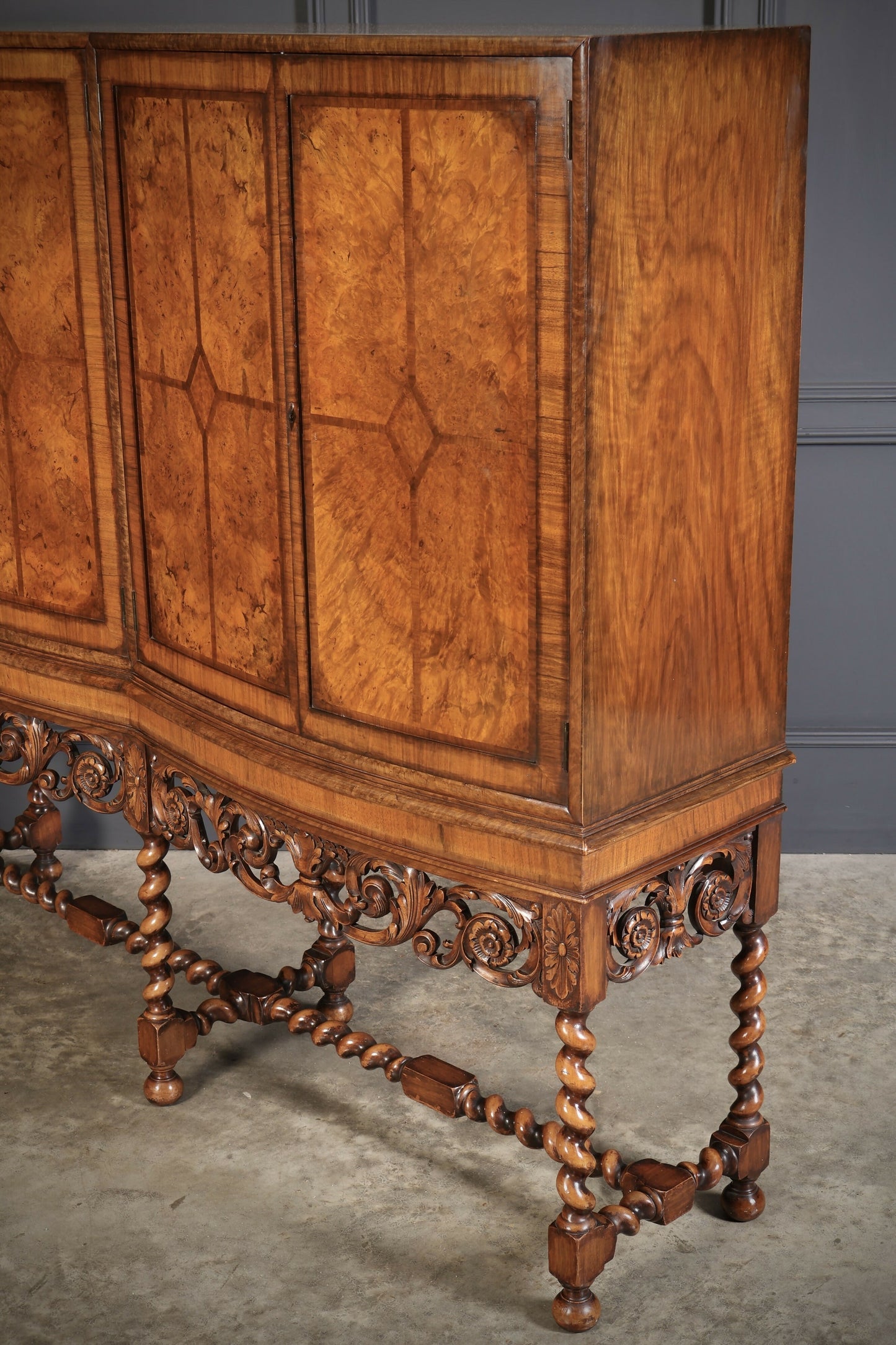 Double Bow Front Burr Walnut Drinks Cocktail Cabinet
