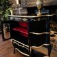 French Style Black & Gold Sideboard / Drinks Cabinet - Red Velvet Interior
