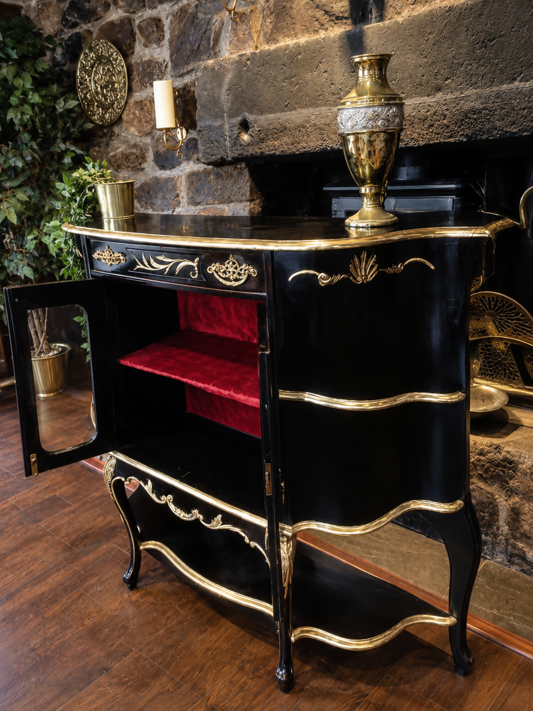 French Style Black & Gold Sideboard / Drinks Cabinet - Red Velvet Interior