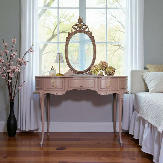 French Olympus Dressing table with stool , Hand Painted In Dusty Pink From Fusion Mineral Paint Damask