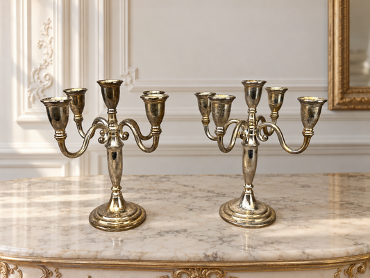 Pair of Candelabras Vintage French Style Metal Five Arm Candle Holders LOT 6482