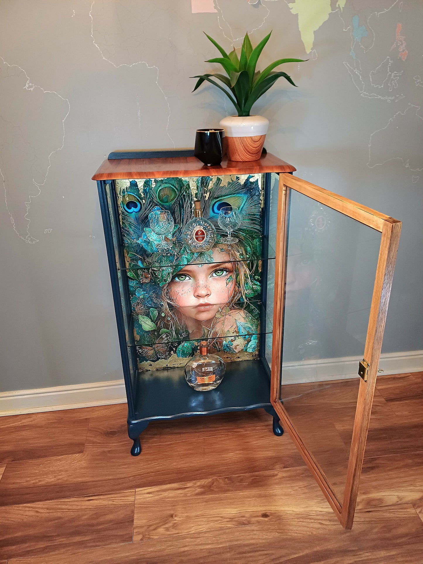 Upcycled Display Case with Decoupaged Peacock Princess and Glass Shelves