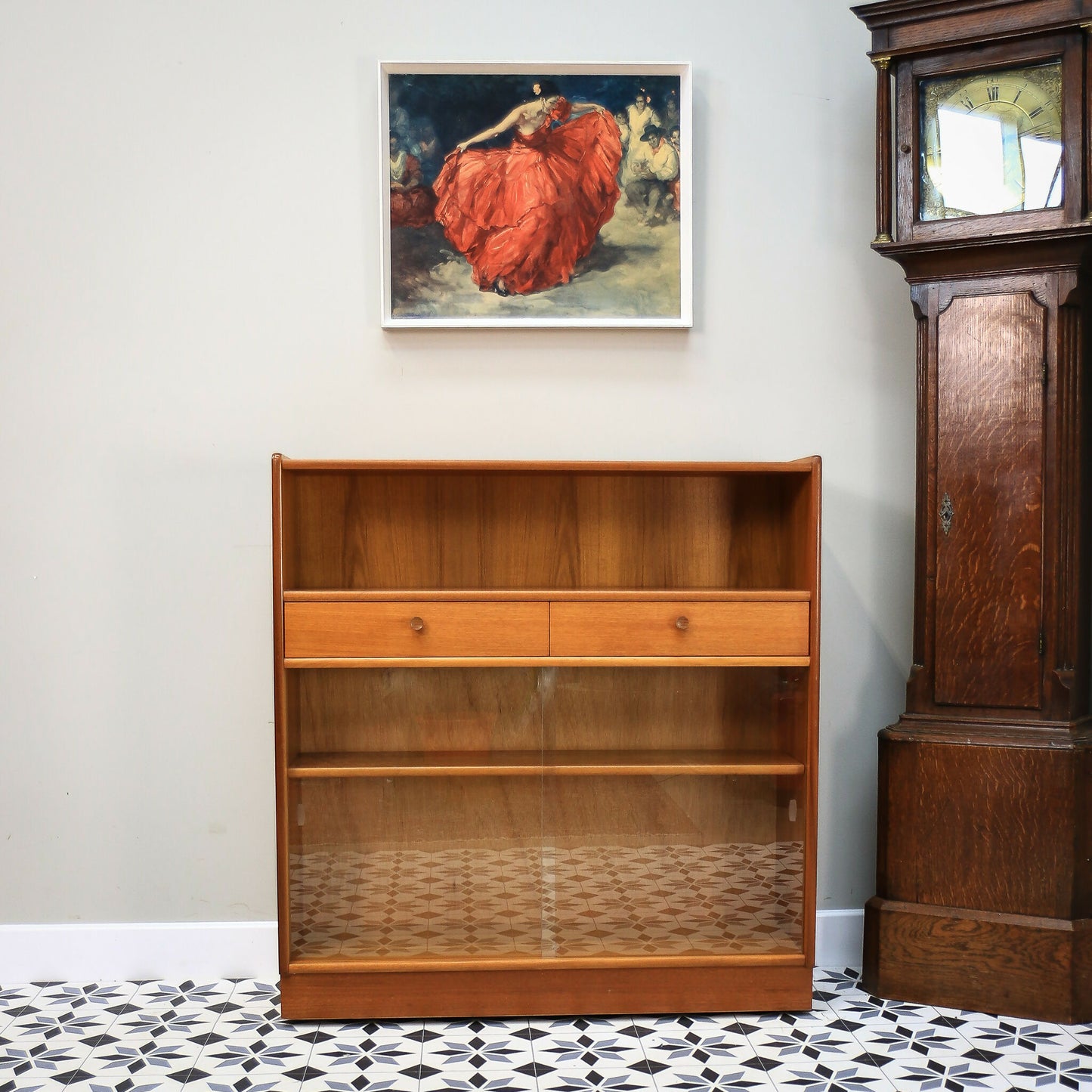 Nathan Teak Slimline Bookcase Wall Unit with Glass Doors and Two Drawers