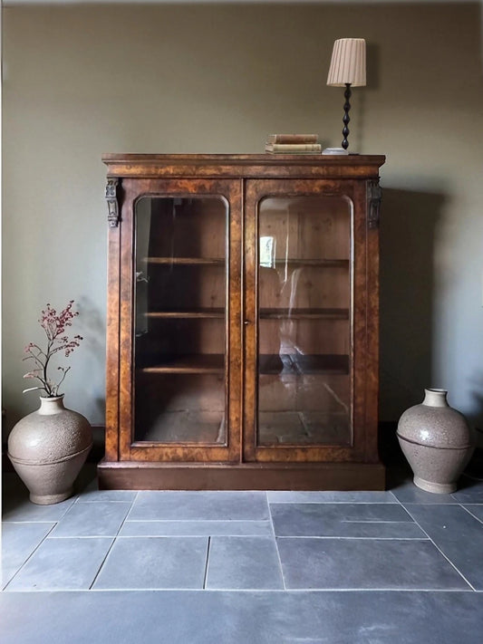Vintage Victorian Burle Walnut Display China Bookcase Glazed Cabinet