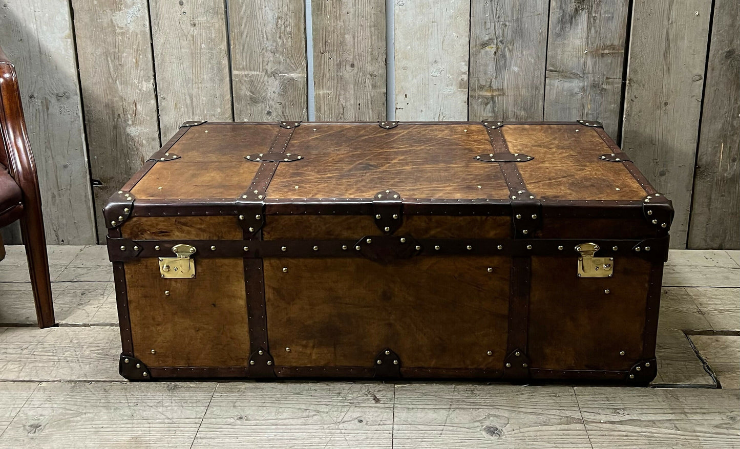 English storage trunk - hand dyed bespoke leather - custom coffee table