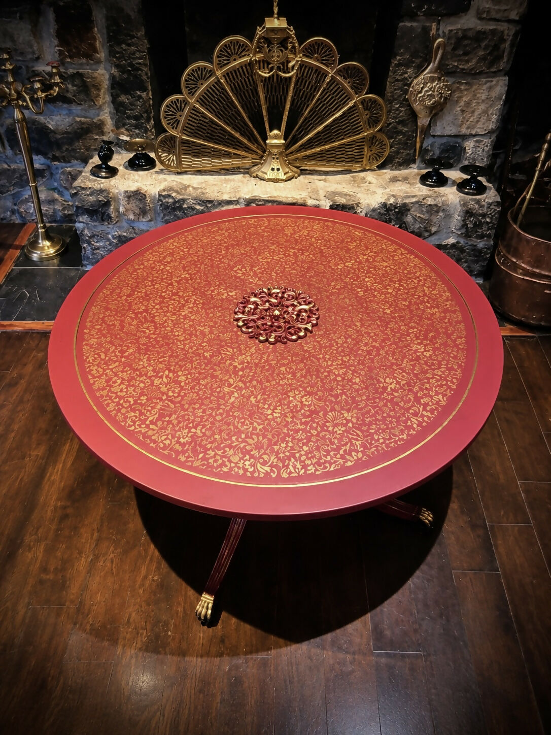 Mughal-Inspired Crimson Red & Gold Round Statement Eastern Coffee Table
