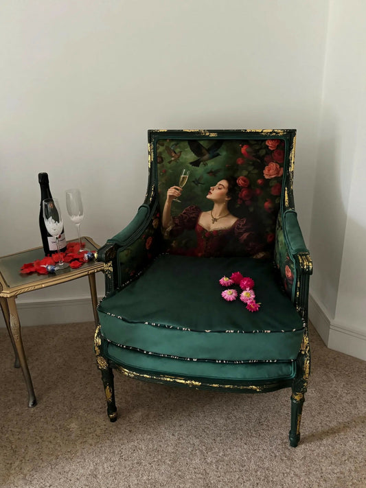 Green Velvet Statement Arm Chair, Vintage Style Guilded Accent Chair, One of a Kind Arm Chair