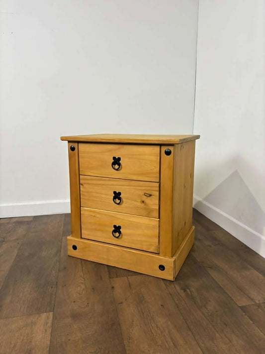 Mexican Pine Three Drawer Bedside Chest
