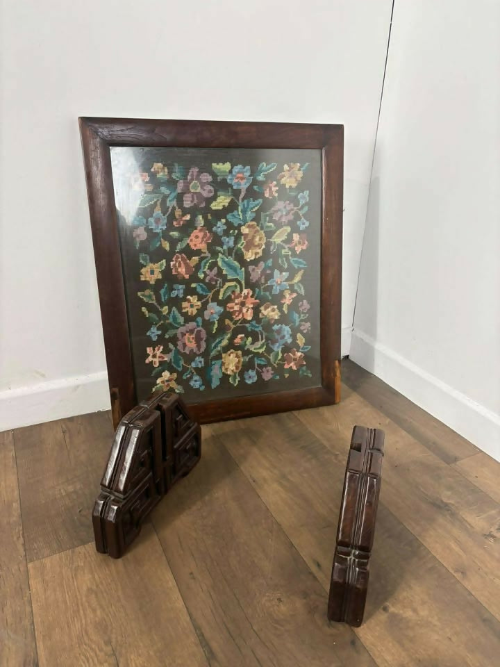 Vintage oak Framed Floral Tapestry Fire Screen