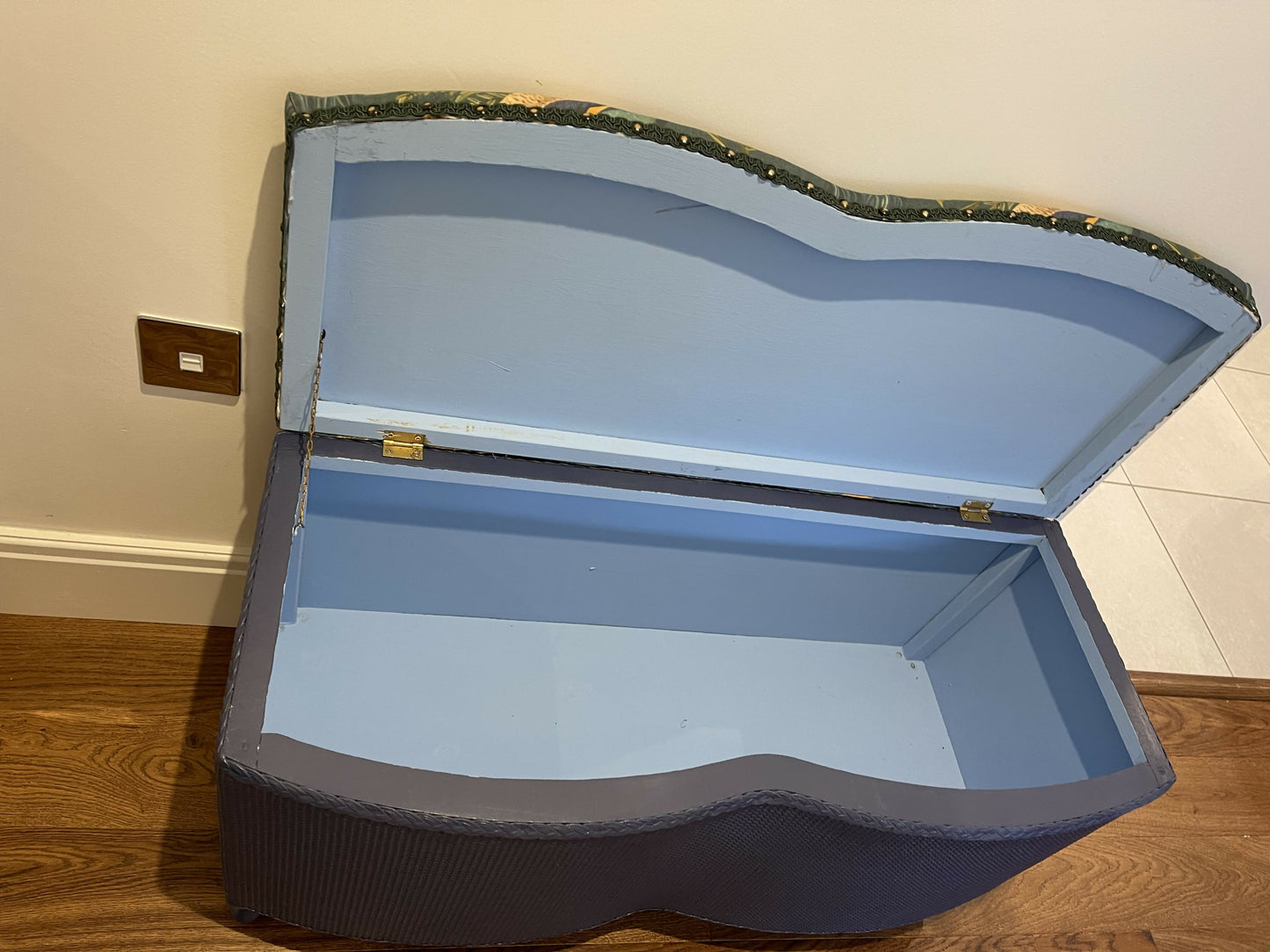 Peacock themed ottoman. Mid century refurbished