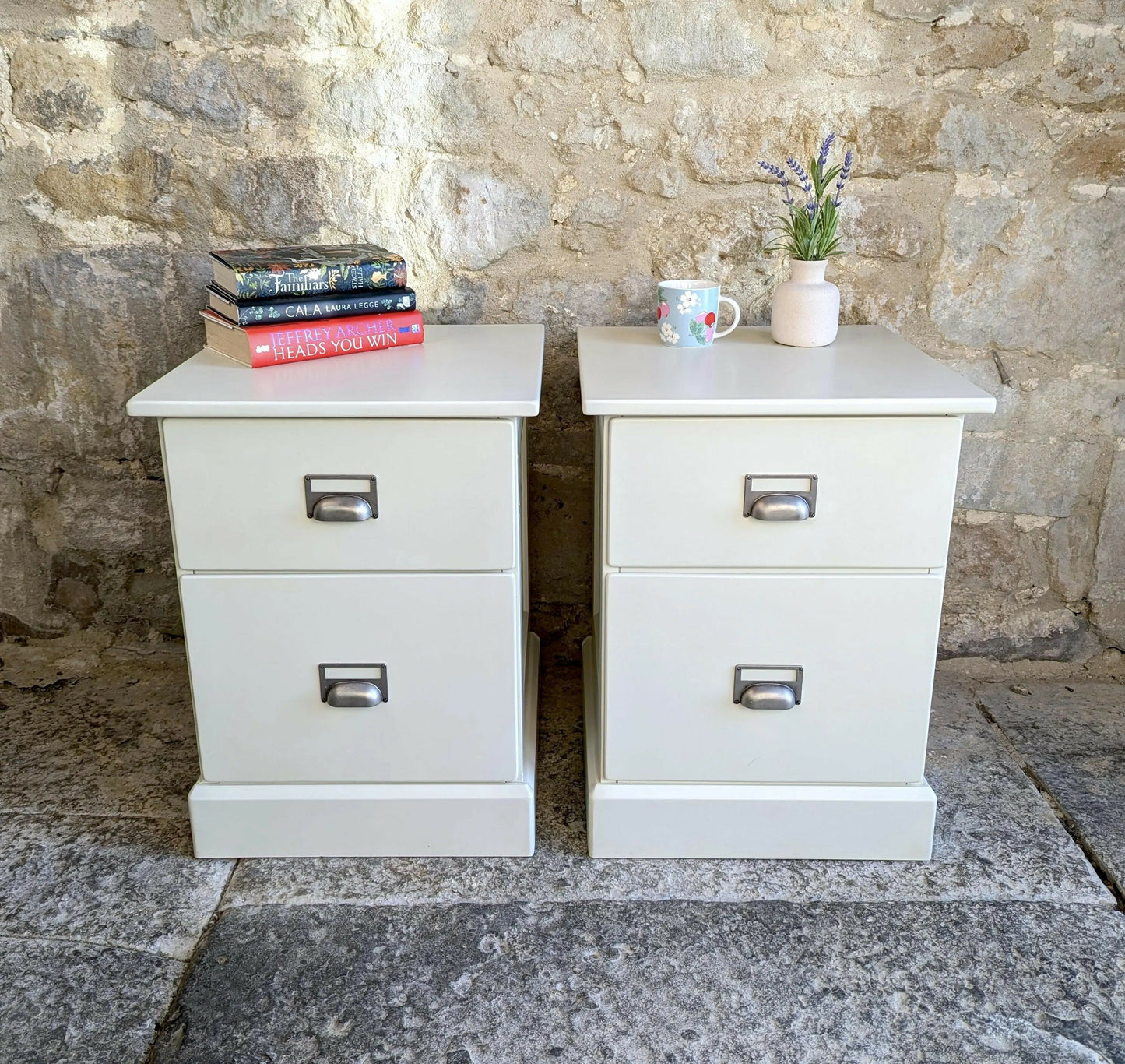 Pair Painted Bedside Tables with Drawers - Off White/ Cream