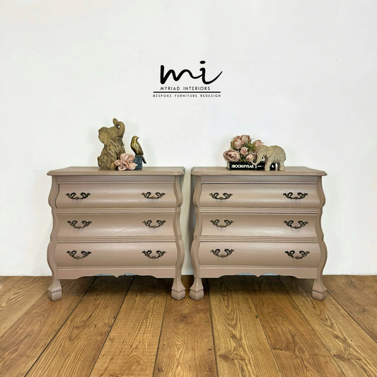 Neutral vintage Bombe Bedside tables, nude nightstands, taupe, dusky pink, chest of drawers, French, chic, oak, serpentine, curvy, beige