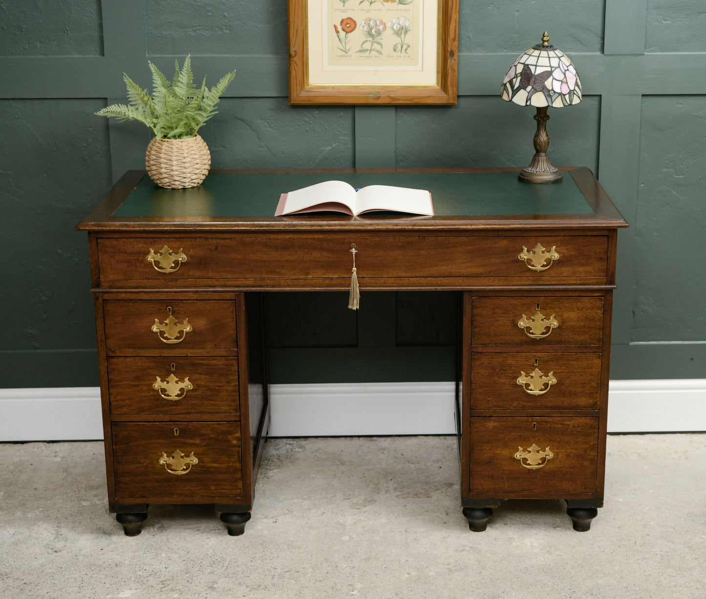 Victorian Oak Pedestal Desk with Full Width Drawer & Green Top
