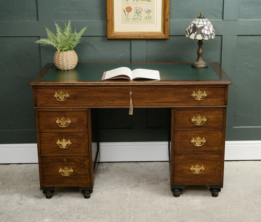 Victorian Oak Pedestal Desk with Full Width Drawer & Green Top