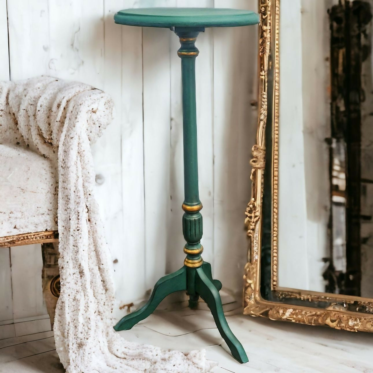 Green upcycled vintage plant stand