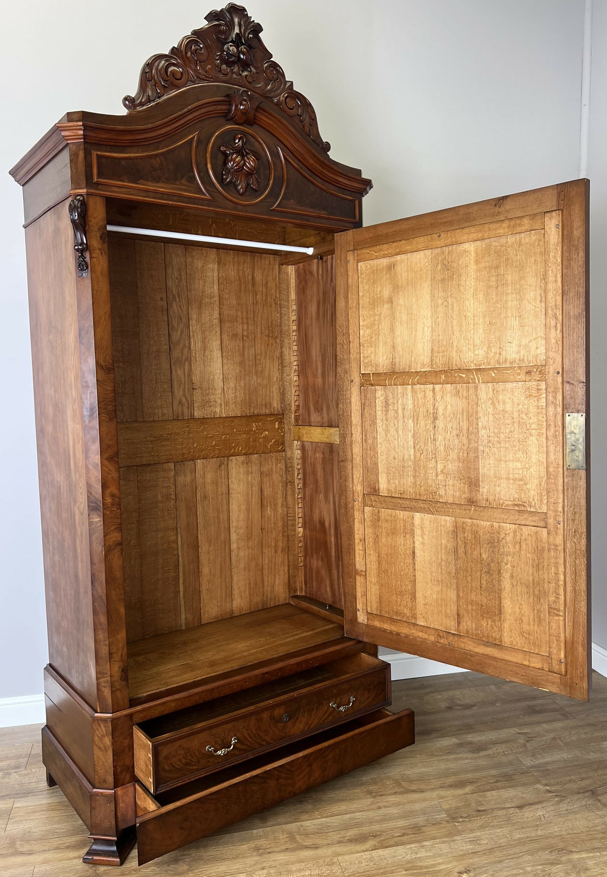 Wardrobe Antique French Style Burr Walnut Mirrored Carved Armoire LOT 6512