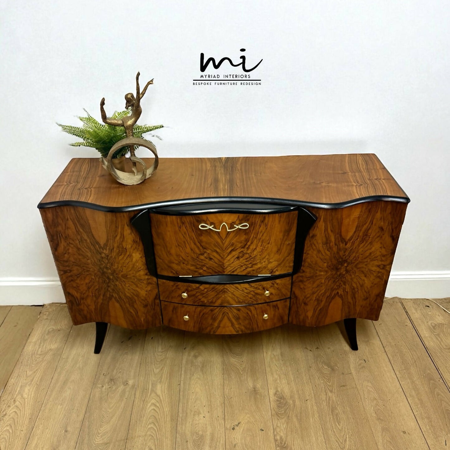 Refinished Art Deco Stonehill cocktail cabinet in black, hand painted, vintage drinks cabinet, gin bar, burr walnut, sideboard