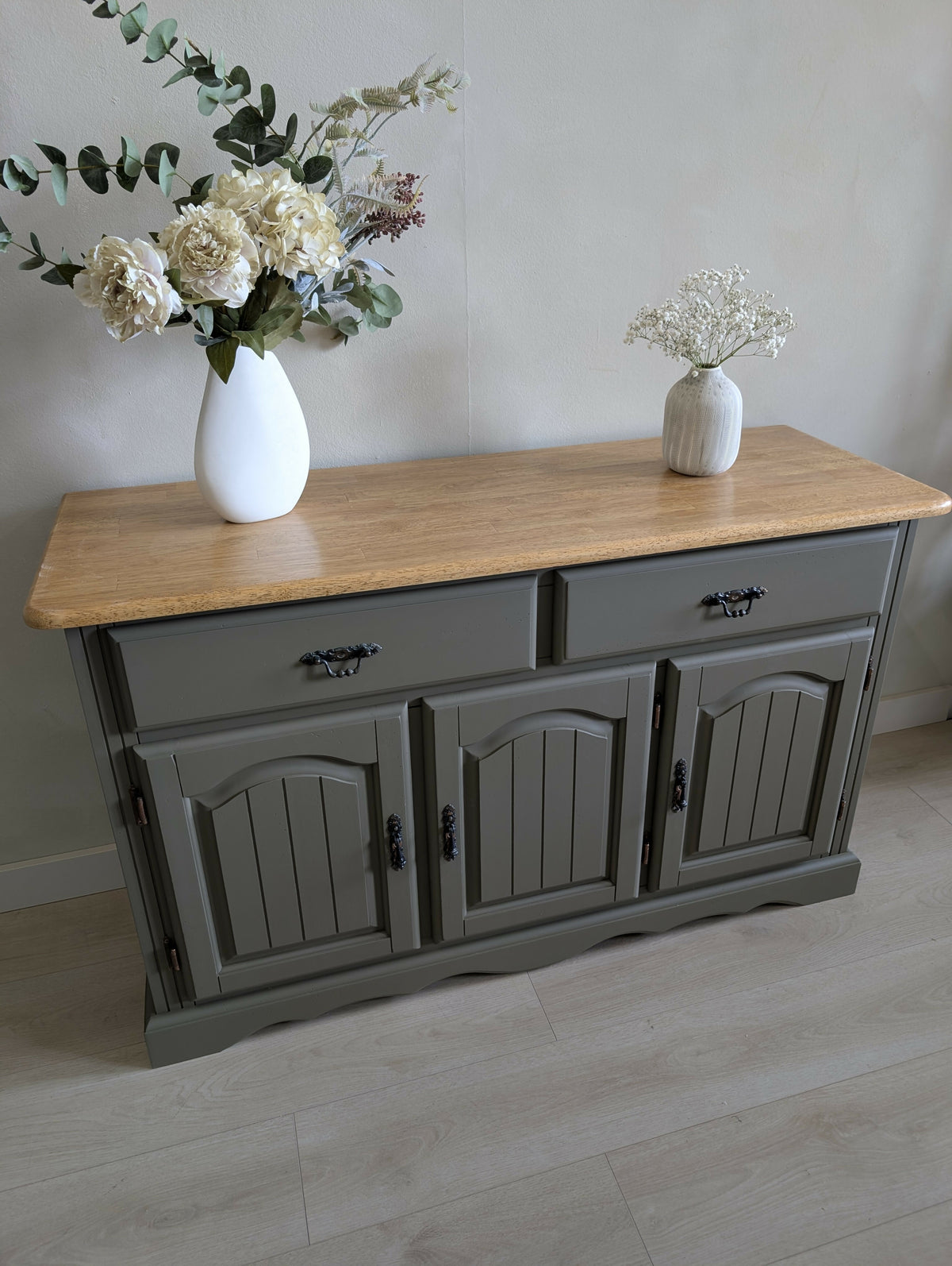 Vintage Oak Sideboard | Olive Green Painted Sideboard with Natural Oak Top
