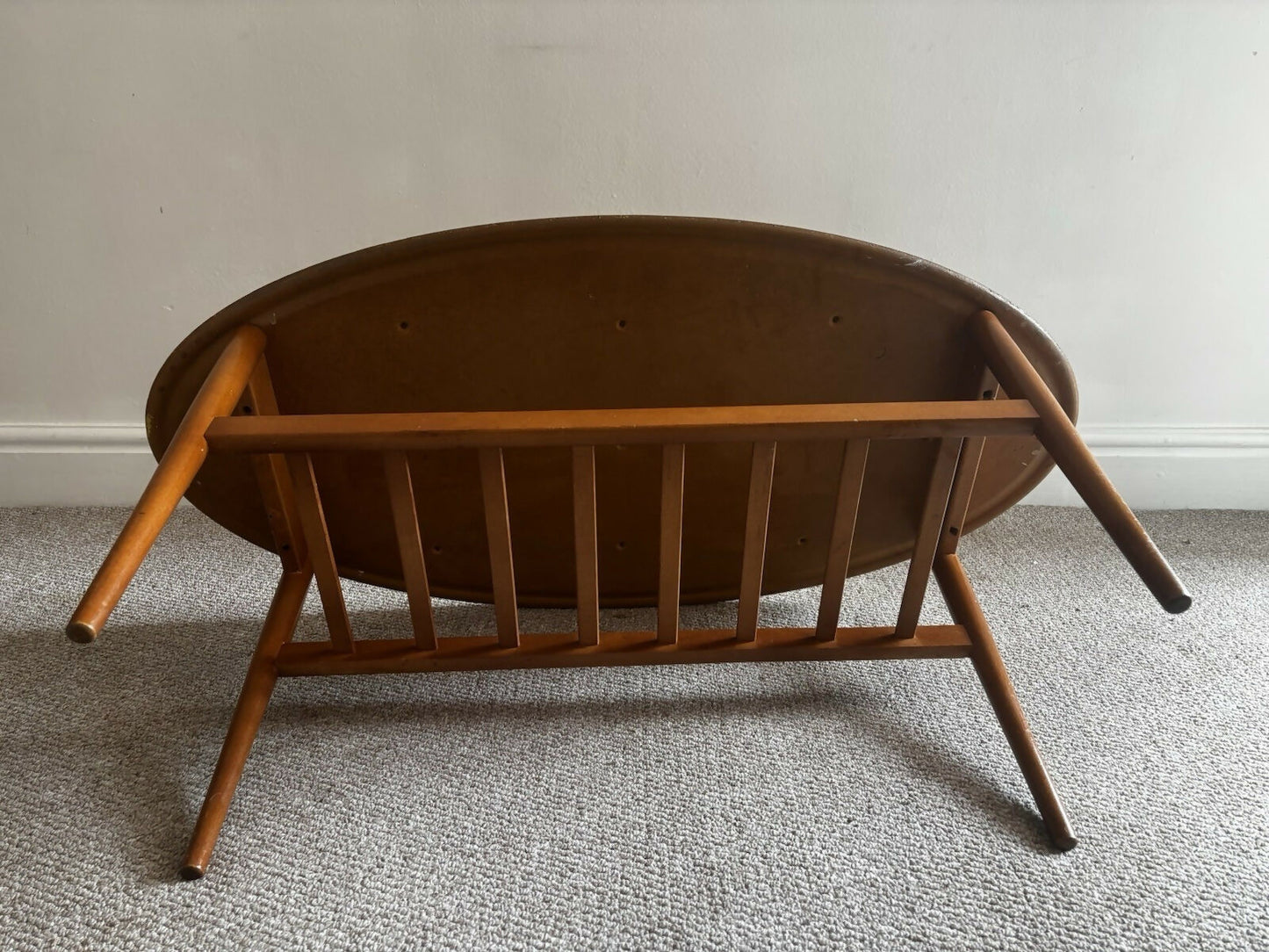 Vintage Oval Coffee Table with Magazine Rack – Mid Century Modern Laminate Wood
