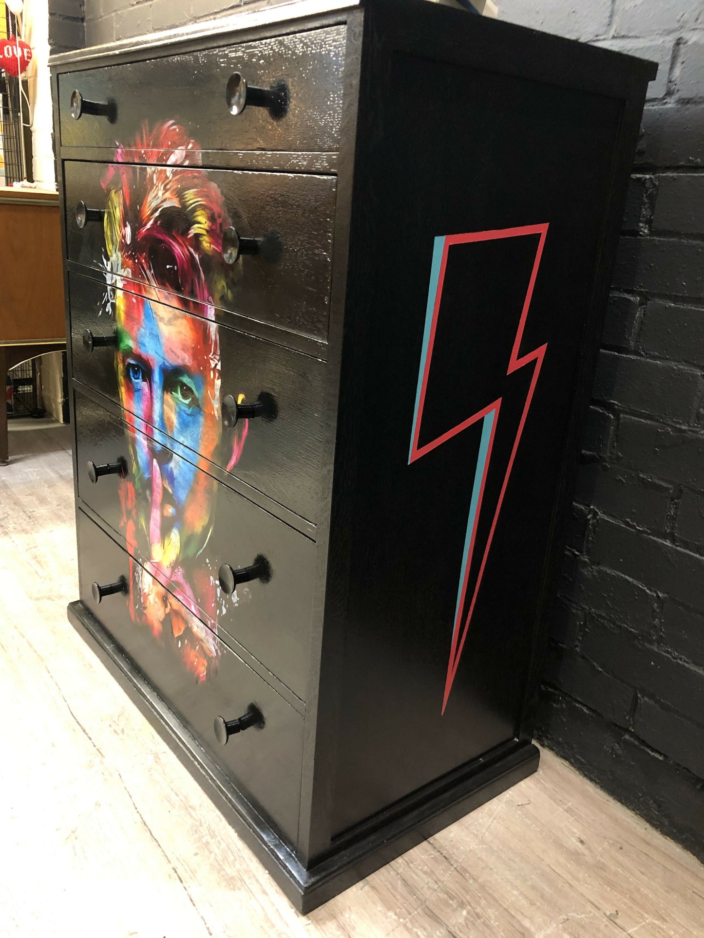 David Bowie Furniture / Ziggy Stardust Lightening Bolt Inspired, Pop Art Mid-Century Modern Black Painted Chest of Drawers, Glam Rock Interiors