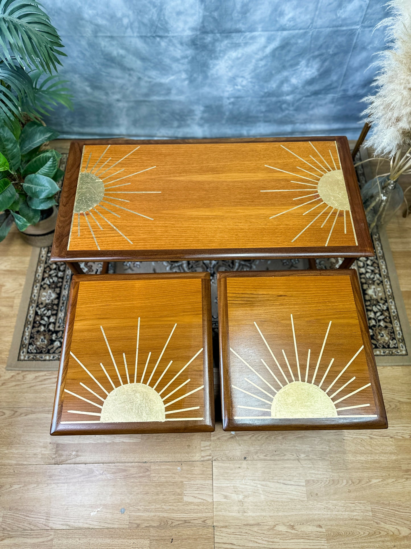 G Plan Long John Nest of 3 Tables with Gold Leaf Sunburst Design - Mid Century Modern MADE TO ORDER