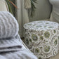 Footstool, Drum Style Stool, Indian Botanical Theme Newly Reupholstered in Nina Campbell Linen