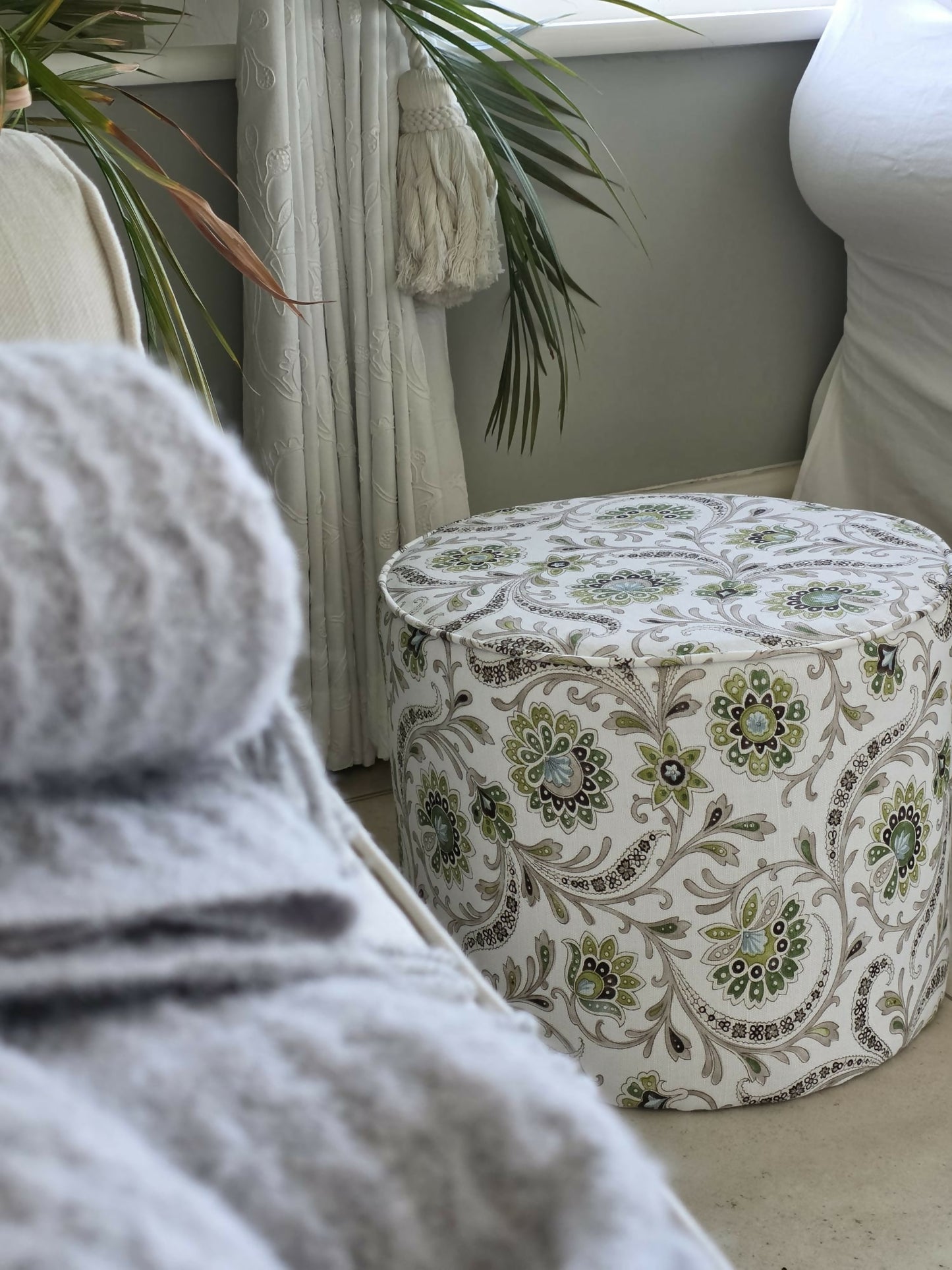 Footstool, Drum Style Stool, Indian Botanical Theme Newly Reupholstered in Nina Campbell Linen