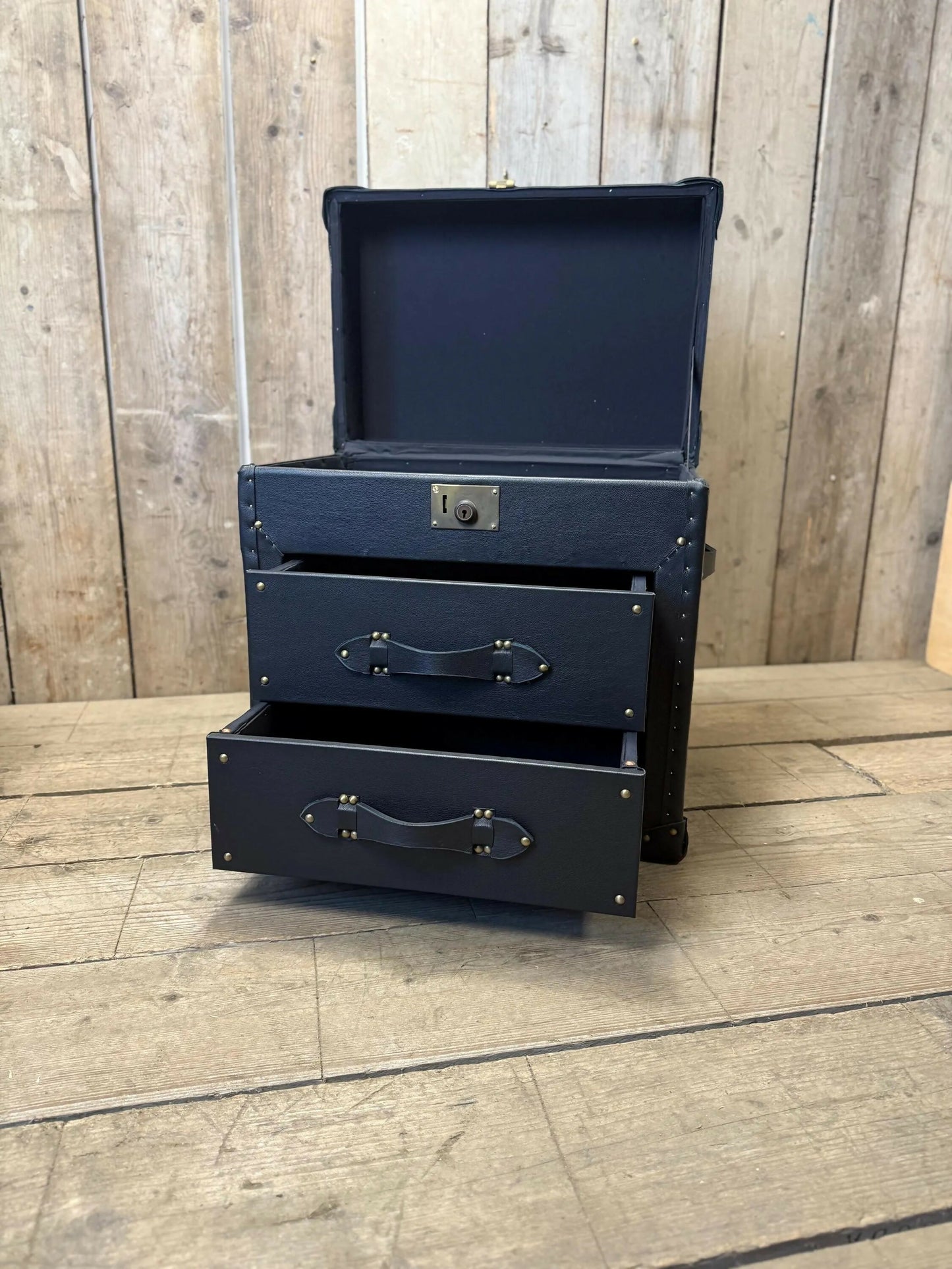 Leather 2 Draw Accent Blue Vintage Storage Trunk End Table