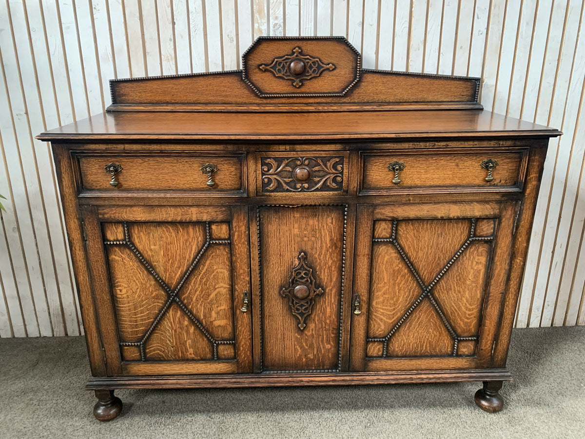Antique 1920s Jacobean Revival Carved Oak Sideboard Geometric Buffet Cabinet