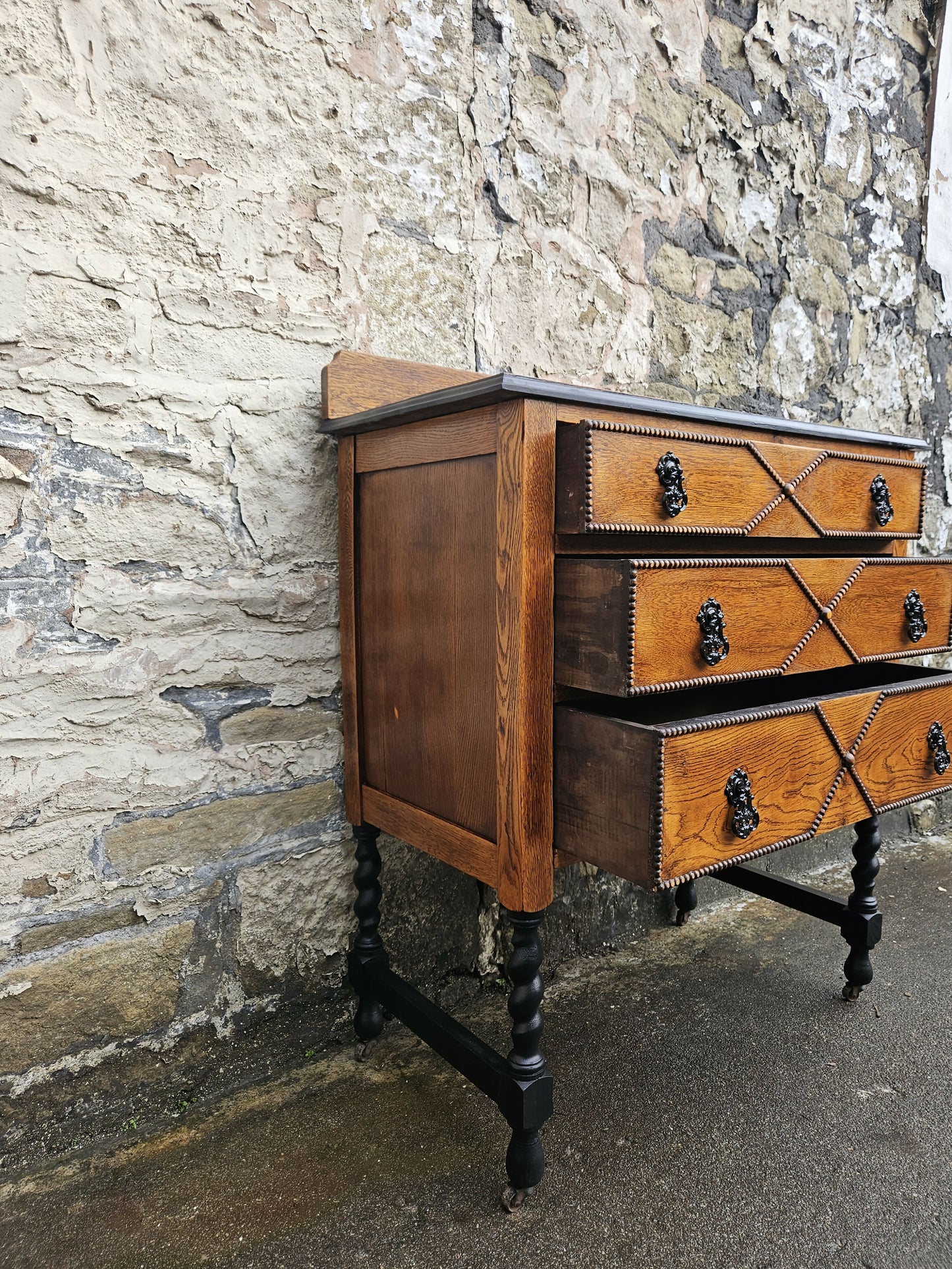 Vintage Oak Chest Of Drawers Three Drawer Lovely Detailing Super Proportions Ebonised In Black