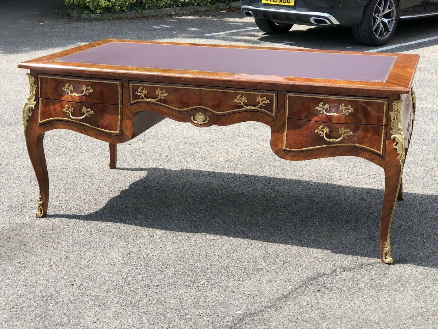 French Empire Style Large Inlaid Kingswood Desk With Brass Decoration