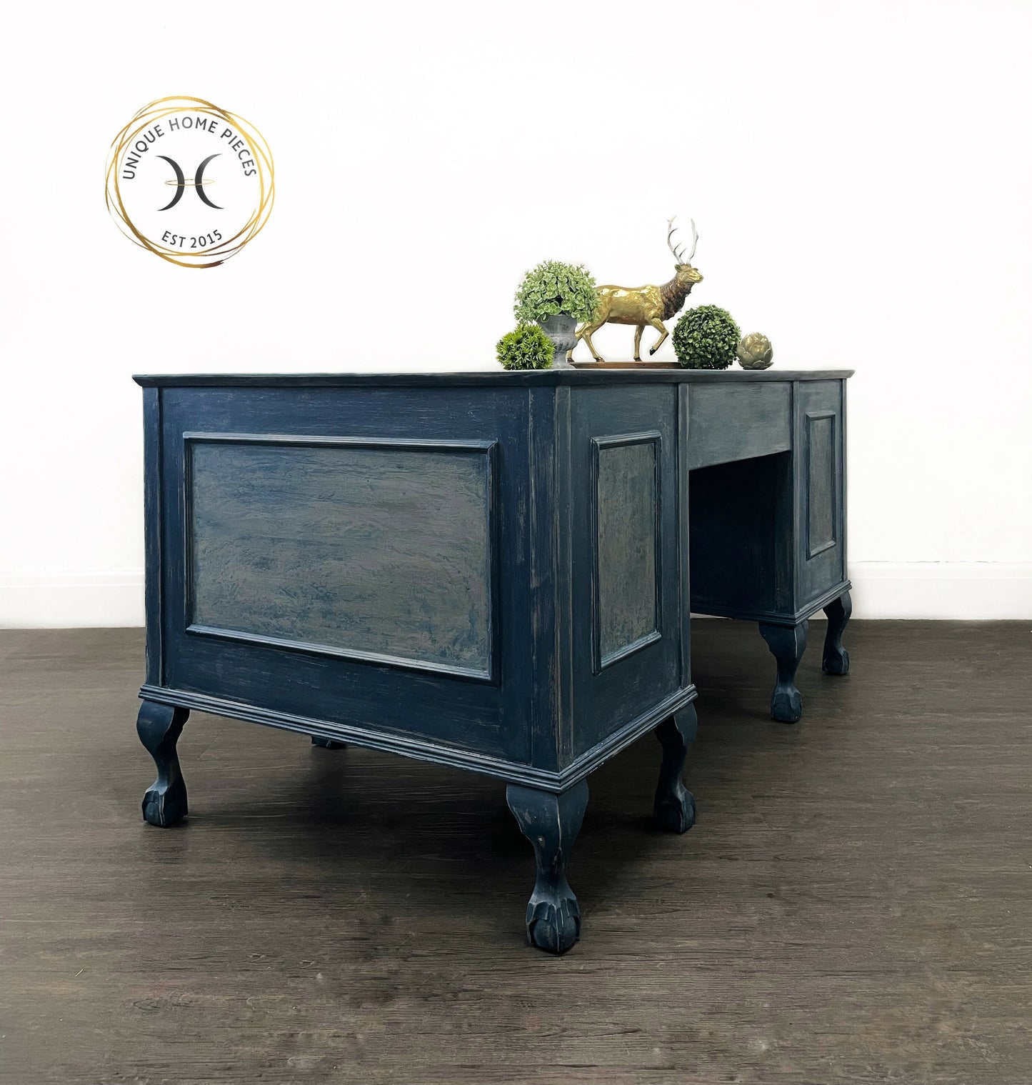 Blue Antique Claw and Ball Double Pedestal Office Desk By Cooke’s Ltd