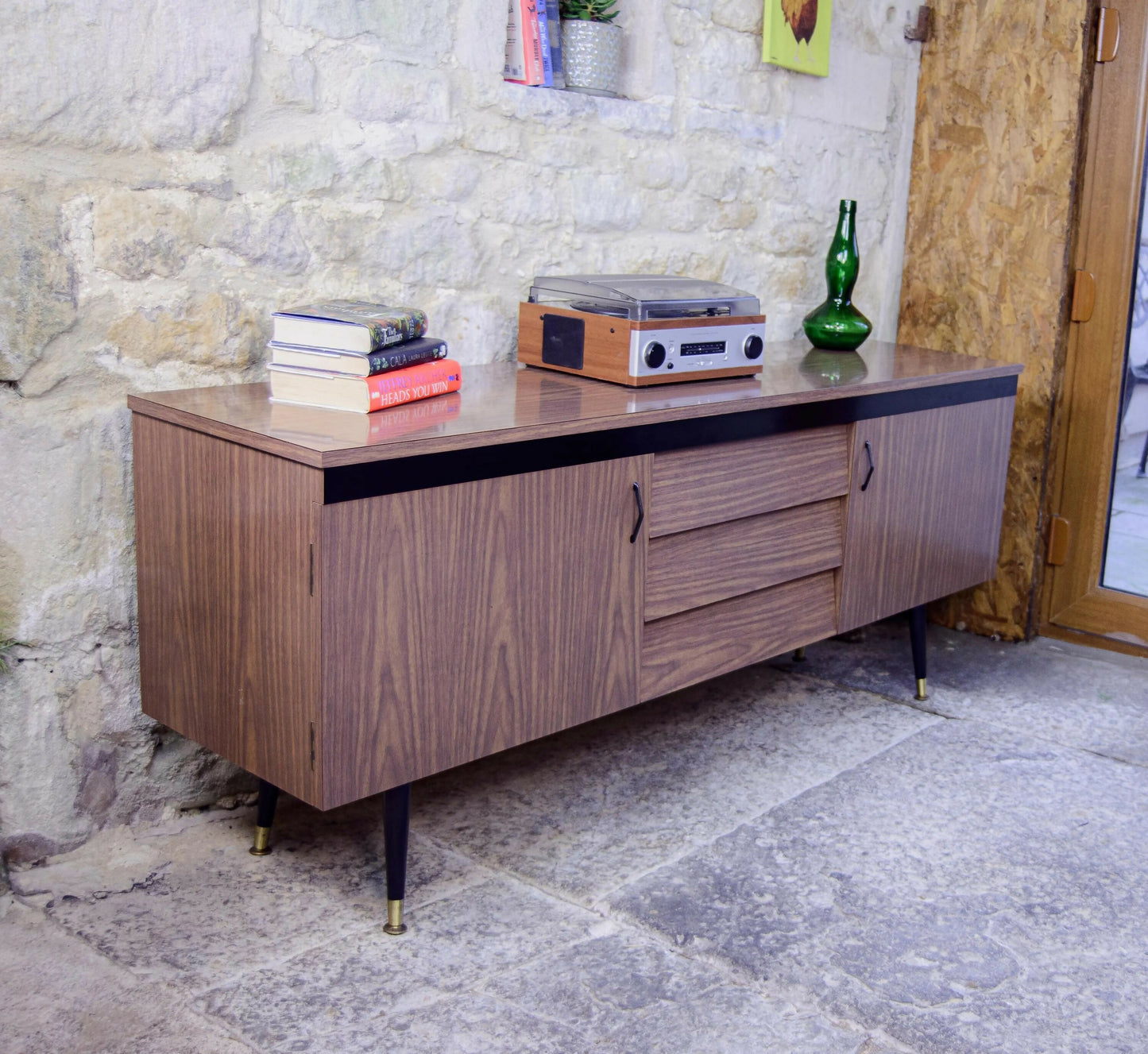 Mid Century Long Sideboard - Melamine - Tapered Legs - 1960s