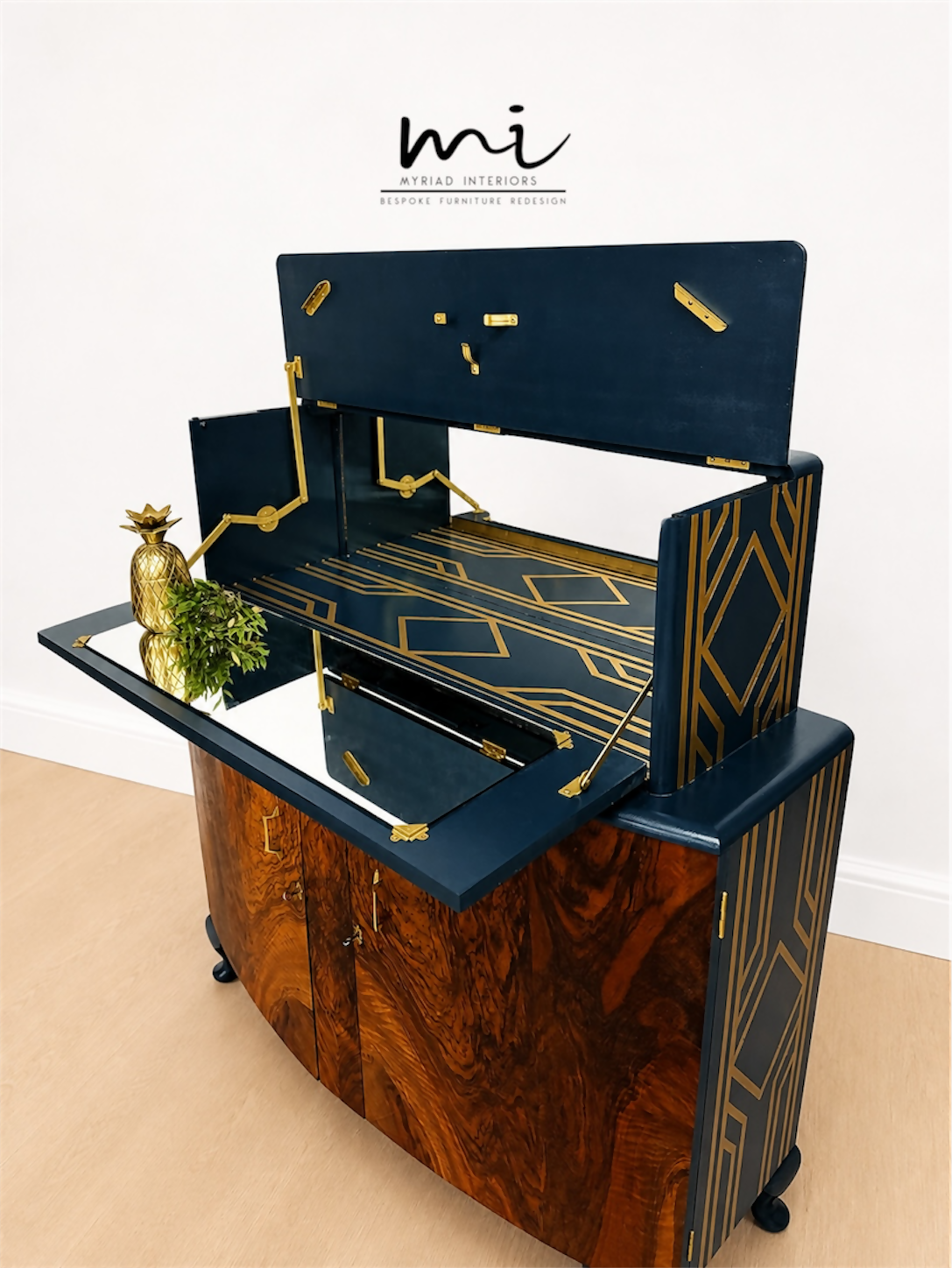 Navy Blue and Gold Art Deco Walnut Drinks Cabinet, cocktail cabinet, 1930s, vintage bar, sideboard, refurbished