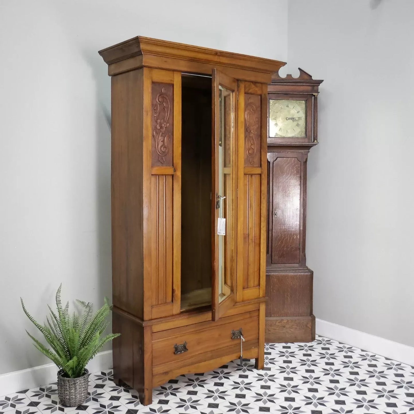 Edwardian Walnut and Carved Mahogany Wardrobe with Bevel Edged Mirrors & Drawer