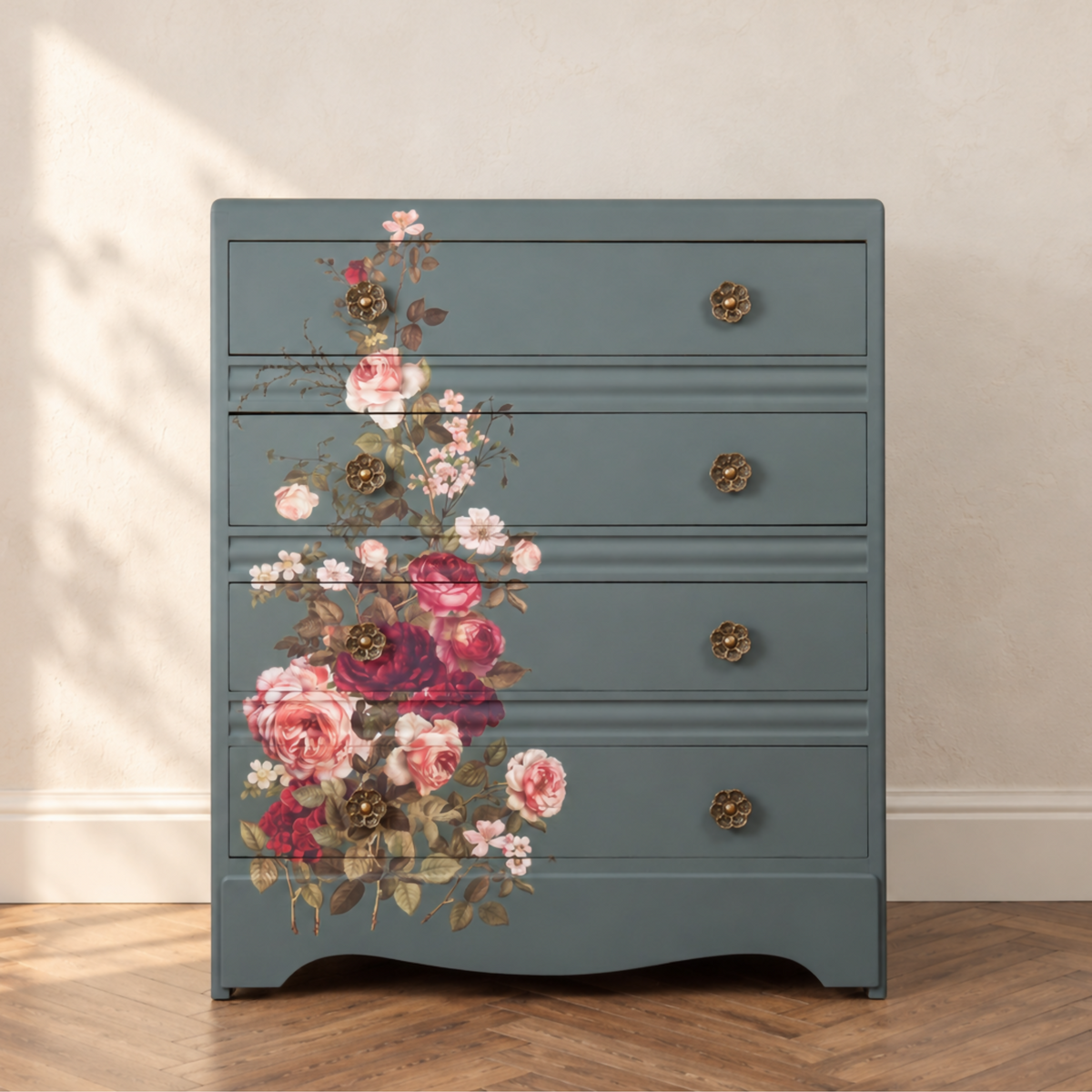 Floral Upcycled Chest of Drawers, Blue Grey Vintage Dresser, Painted Furniture