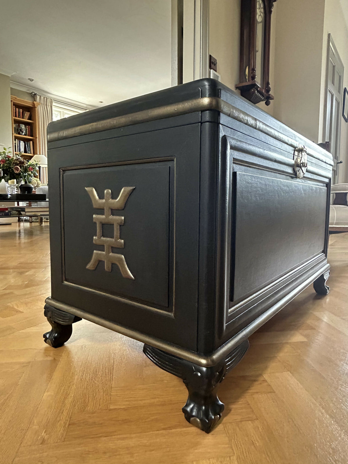 Ottoman. Antique Oriental storage Chest. Black and gold. Handpainted.