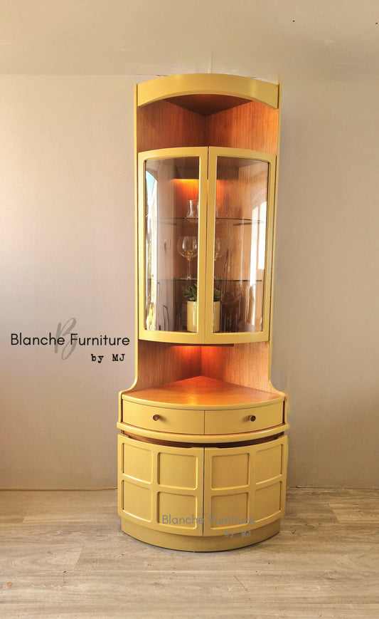 Tall, Mid Century Curved Corner Drinks Cabinet with lught - By Nathan