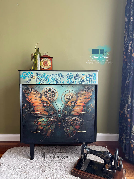 Steampunk butterfly design black MCM chest of drawers