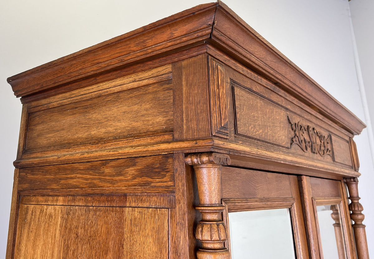 Wardrobe Antique French Style Oak Mirrored Two Door Carved Armoire LOT 6544
