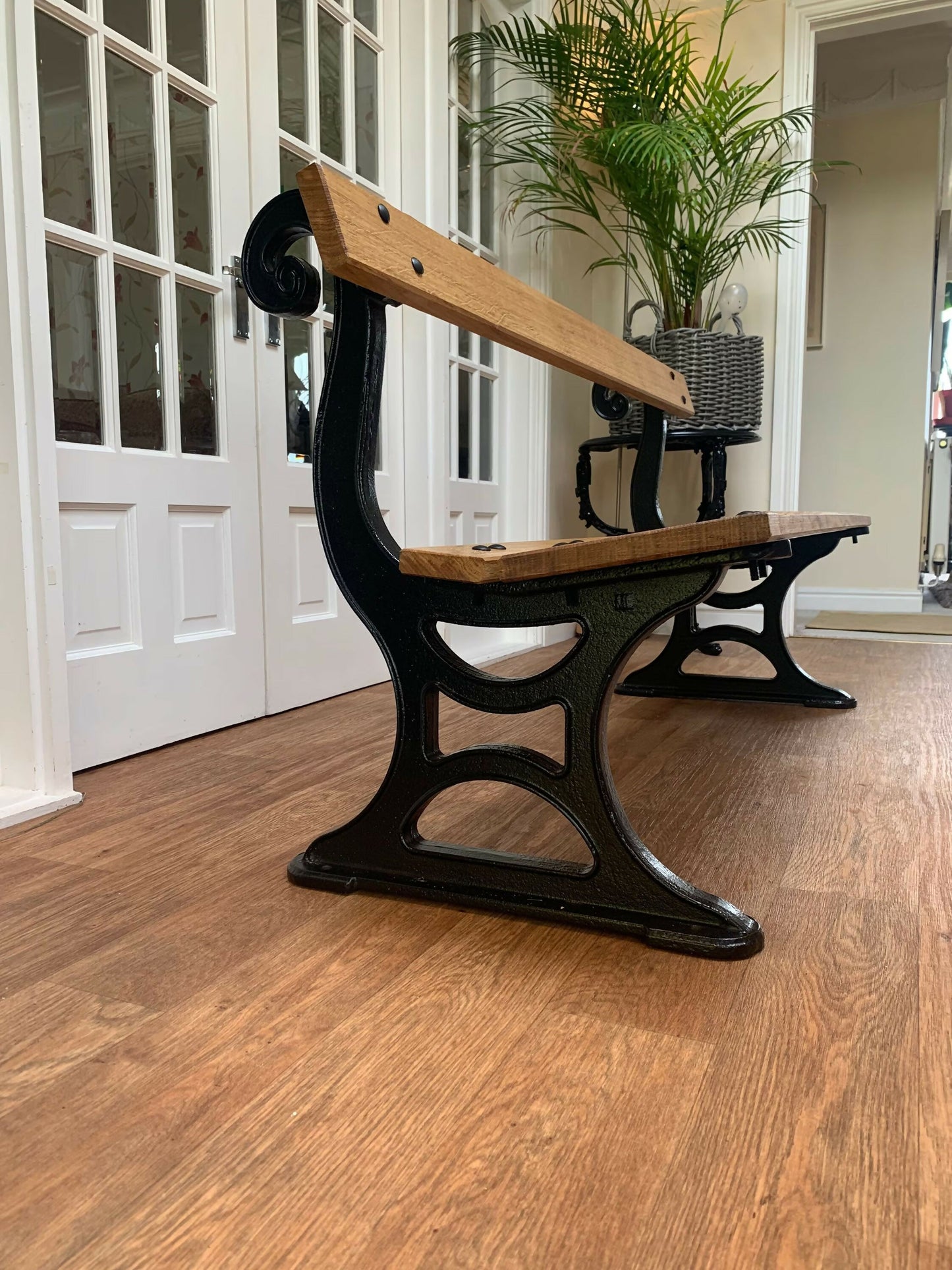 Black Cast Iron Very Heavy Garden Park Bench fully restored Oak Wood