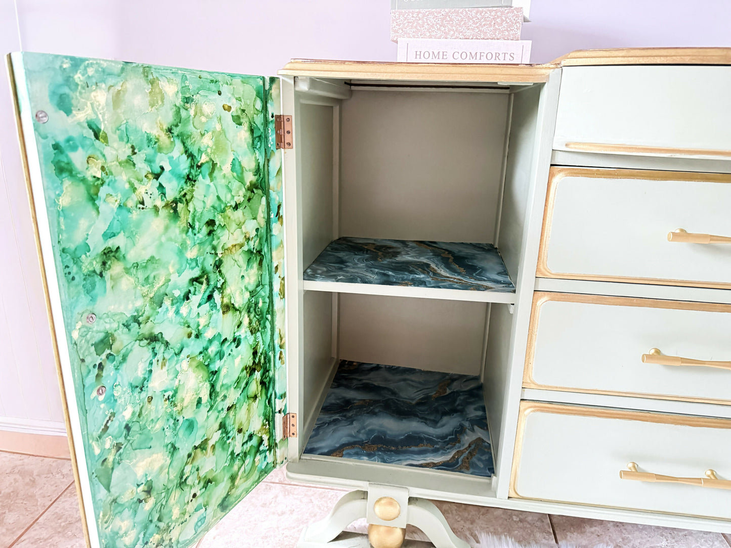 Upcycled French Provincial Cabinet in Sage Green and Tropical Jungle ,Upcycled Statement Furniture
