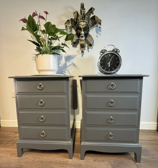 A Pair of Stag Minstrel Bedside Tables in Graphite Grey | Vintage Mid Century Nightstands