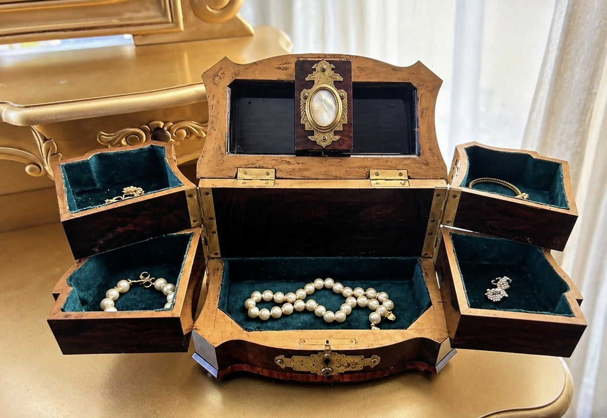 Antique Bombe Jewellery Trinket Box With Mother Of Pearl & Brass Mounts