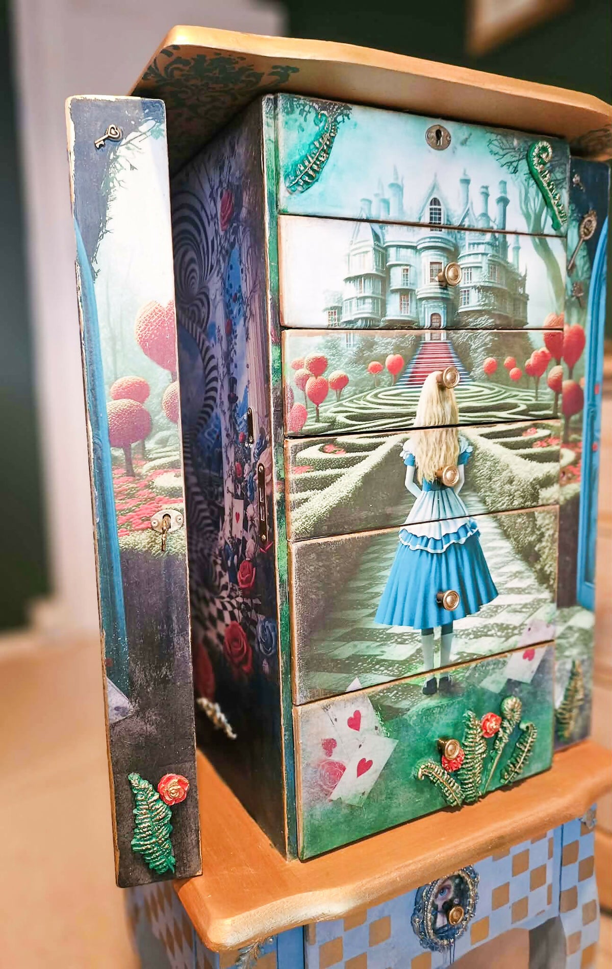 Hand painted and Decoupaged Alice in Wonderland Jewellery Armoire, whimsical vintage jewellery cabinet