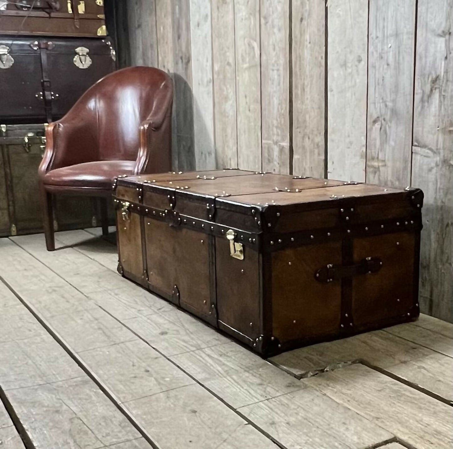 English storage trunk - hand dyed bespoke leather - custom coffee table