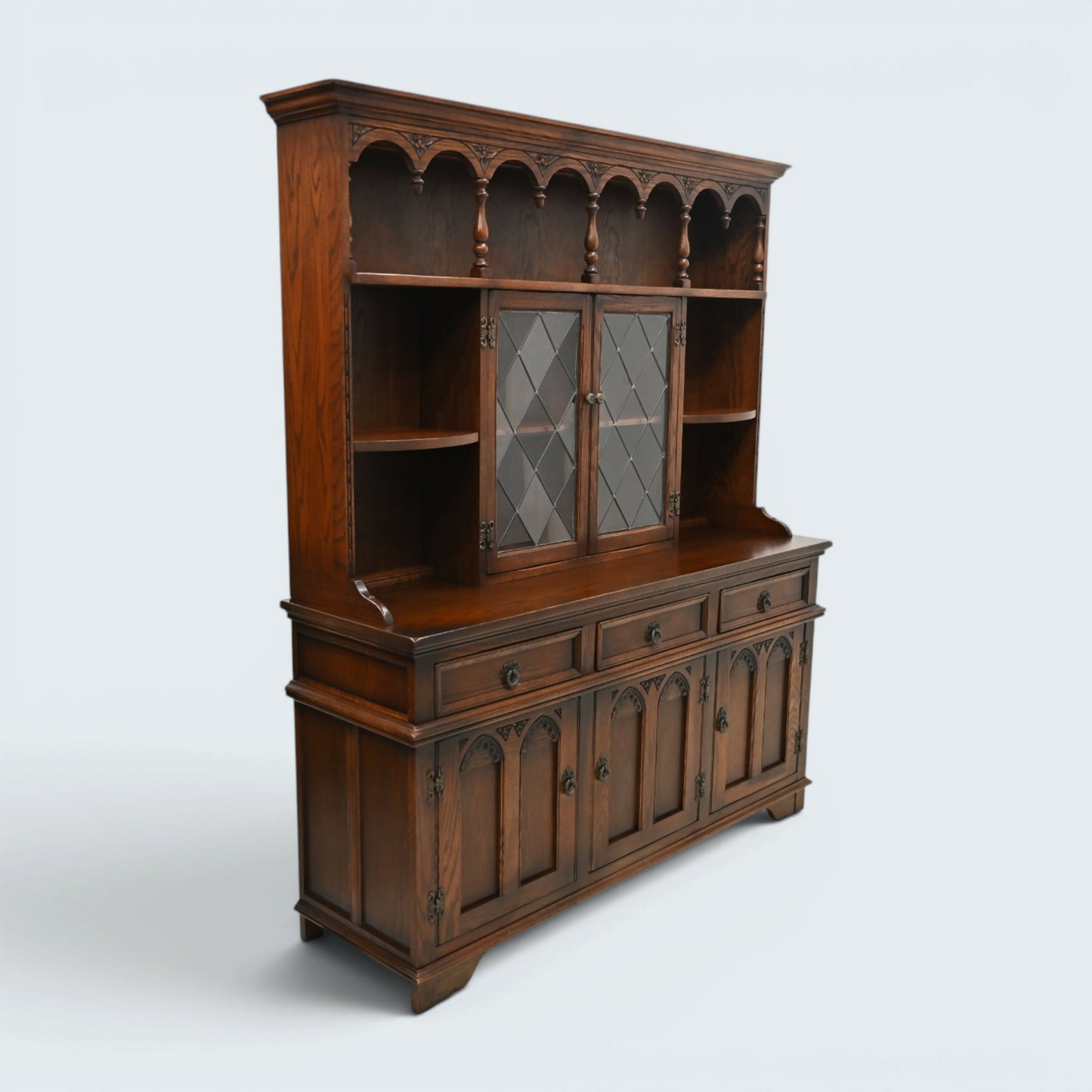 Old Charm Oak Gothic Dresser In Tudor Brown Sideboard Display FREE UK Delivery