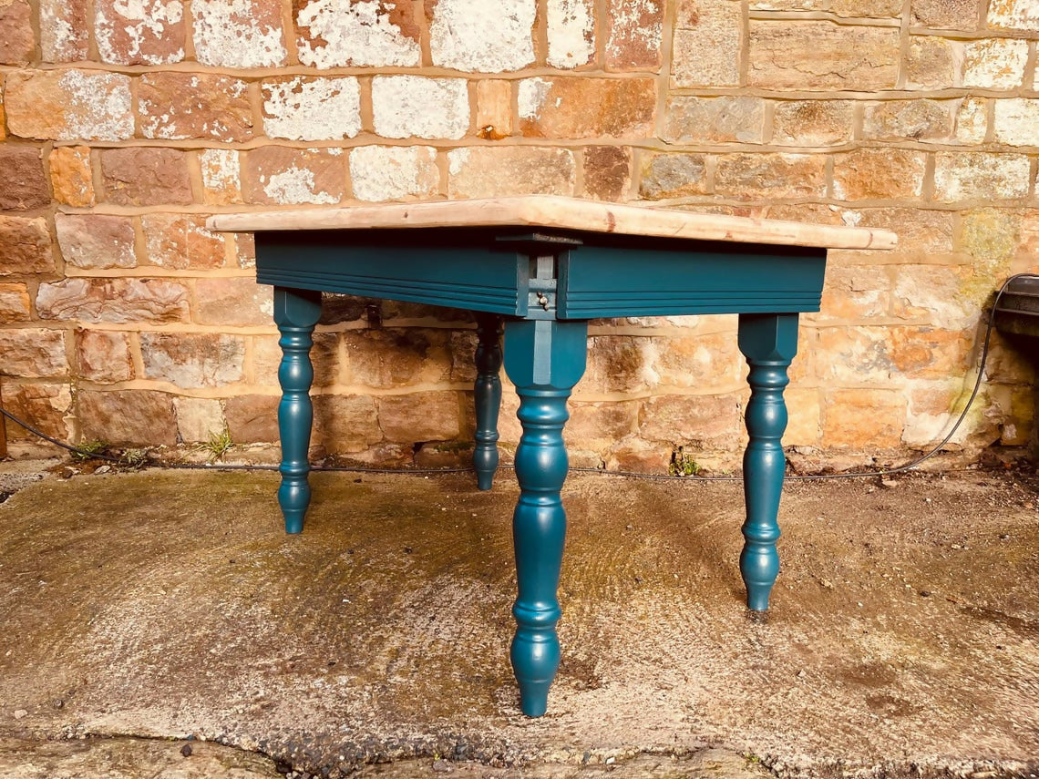 Restored Rectangular Pine Dining Table – Sanded Timber Top & Teal Painted Legs