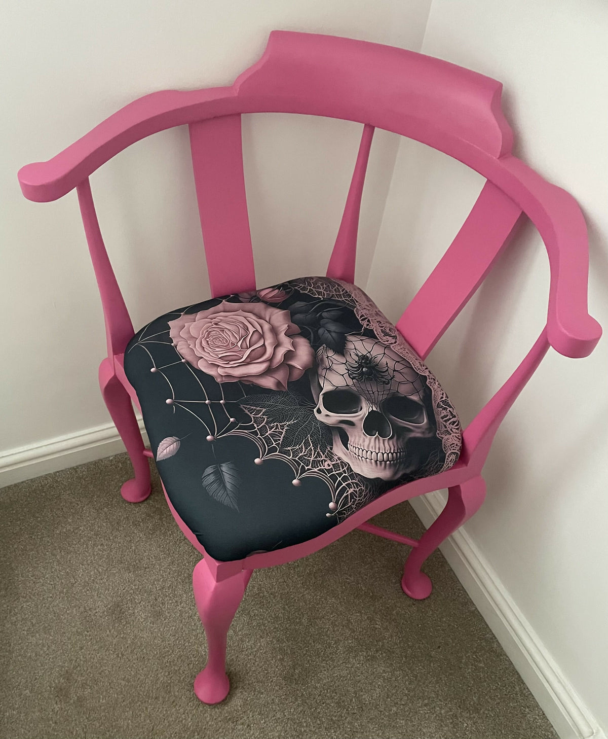 Antique Upcycled Corner Chair with Skull & Flower pattern seat