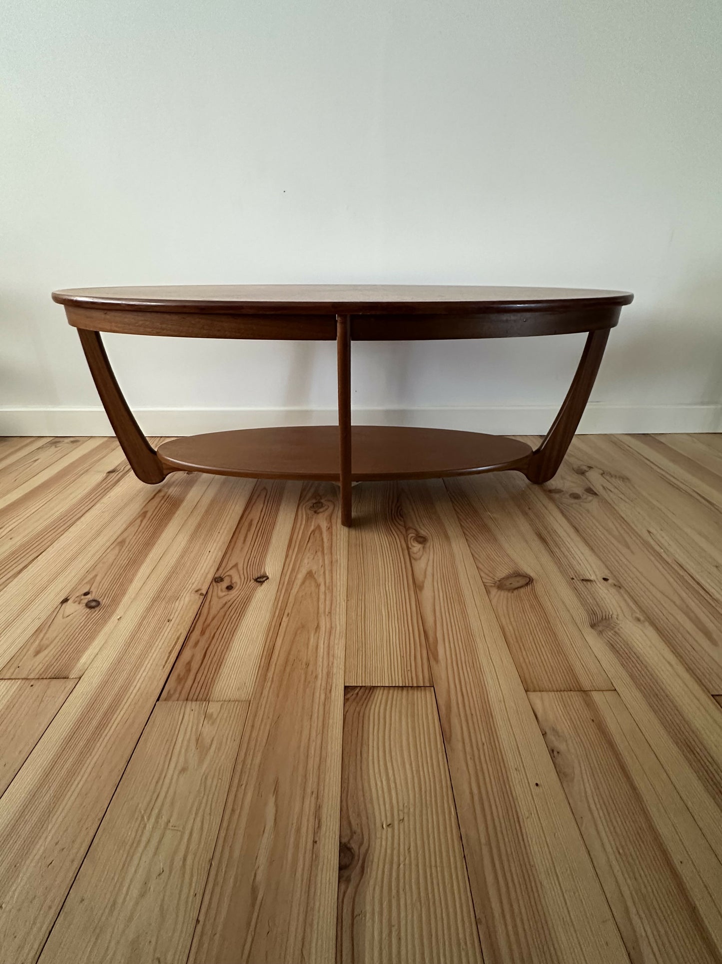 Mid Century Teak Coffee Table Nathan Oval Sunburst Top